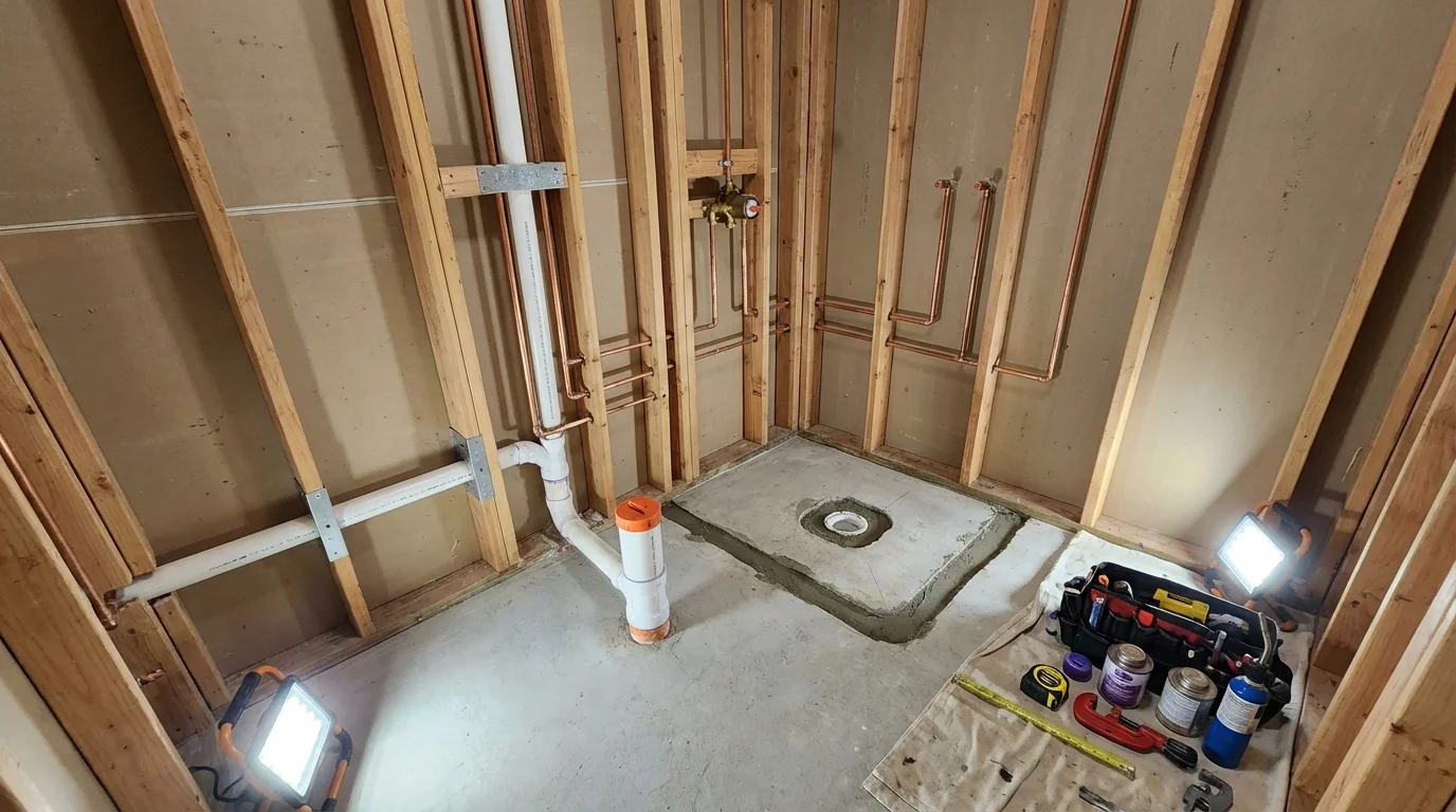 Bathroom rough-in plumbing during remodel by Johns Plumbing LLC in Pine Knot