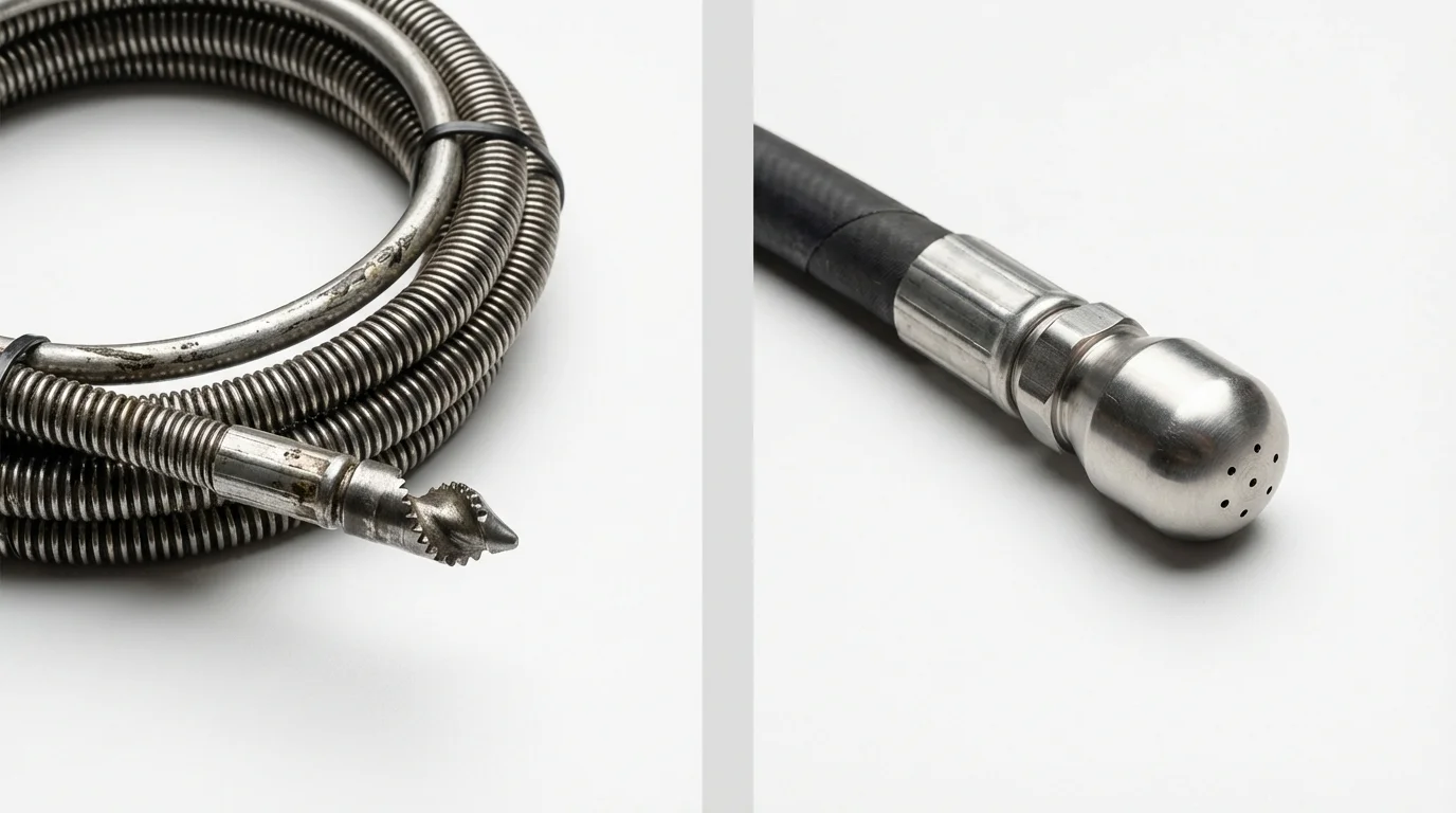 Drain snake cable and hydro jetting nozzle used for drain cleaning in Pine Knot, KY