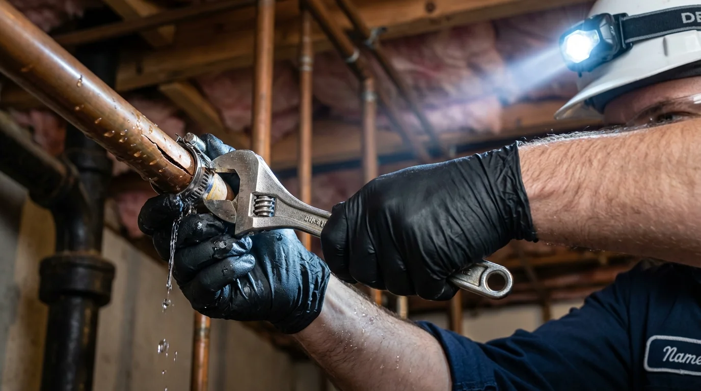 Emergency pipe clamp repair being performed by a Johns Plumbing LLC plumber in Pine Knot
