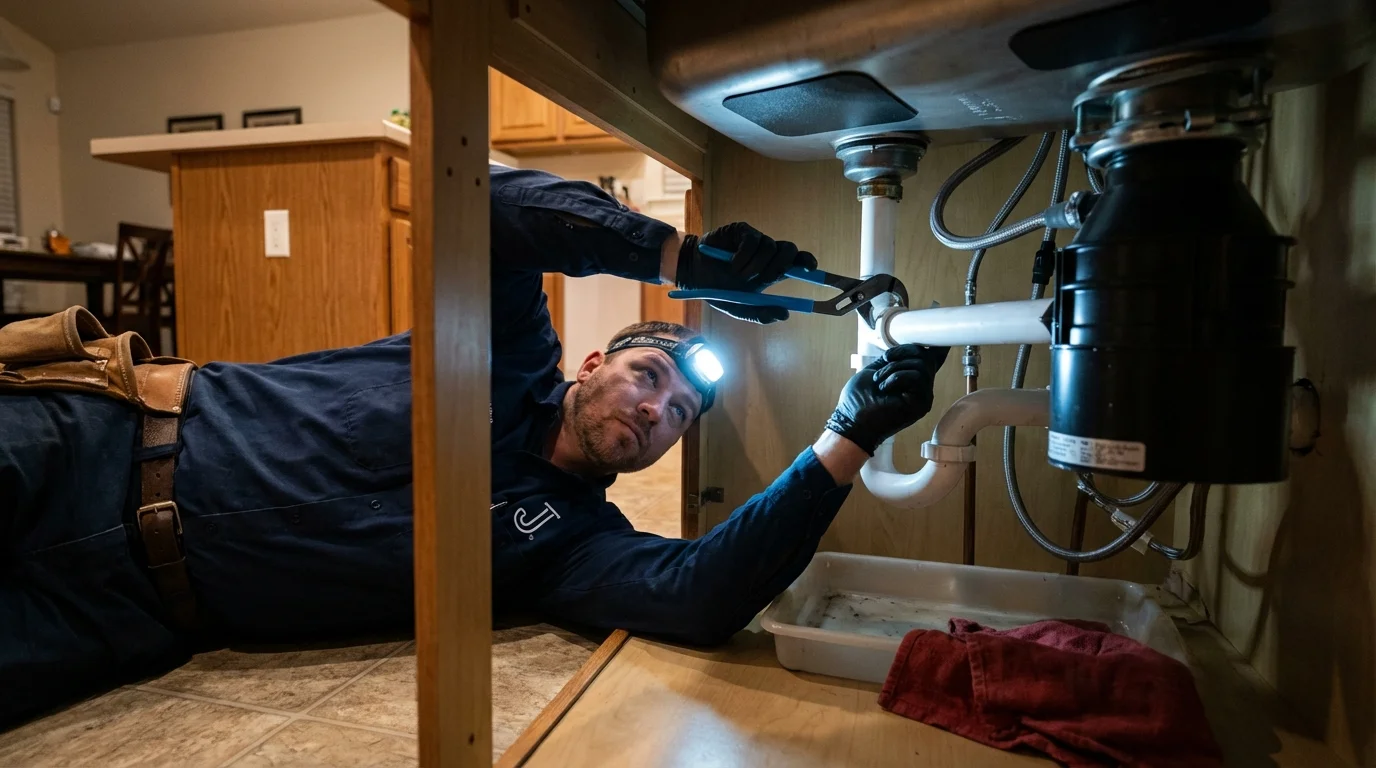 P-trap and supply line connections under a kitchen sink showing a common leak point in Pine Knot, KY